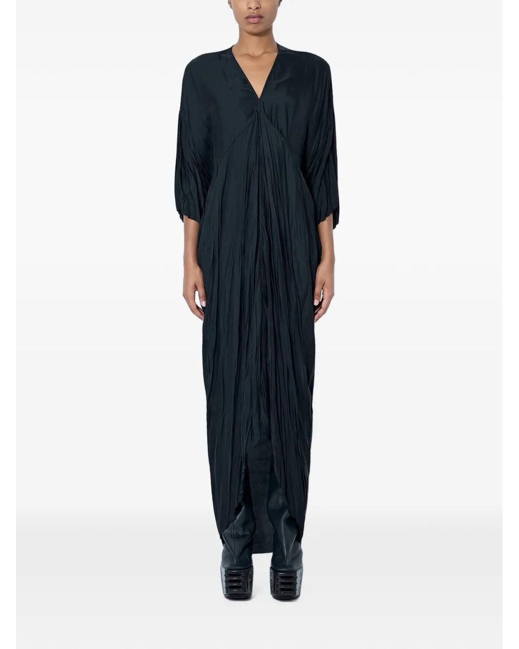 Rick Owens Blue Robe Longue Plissée À Col V