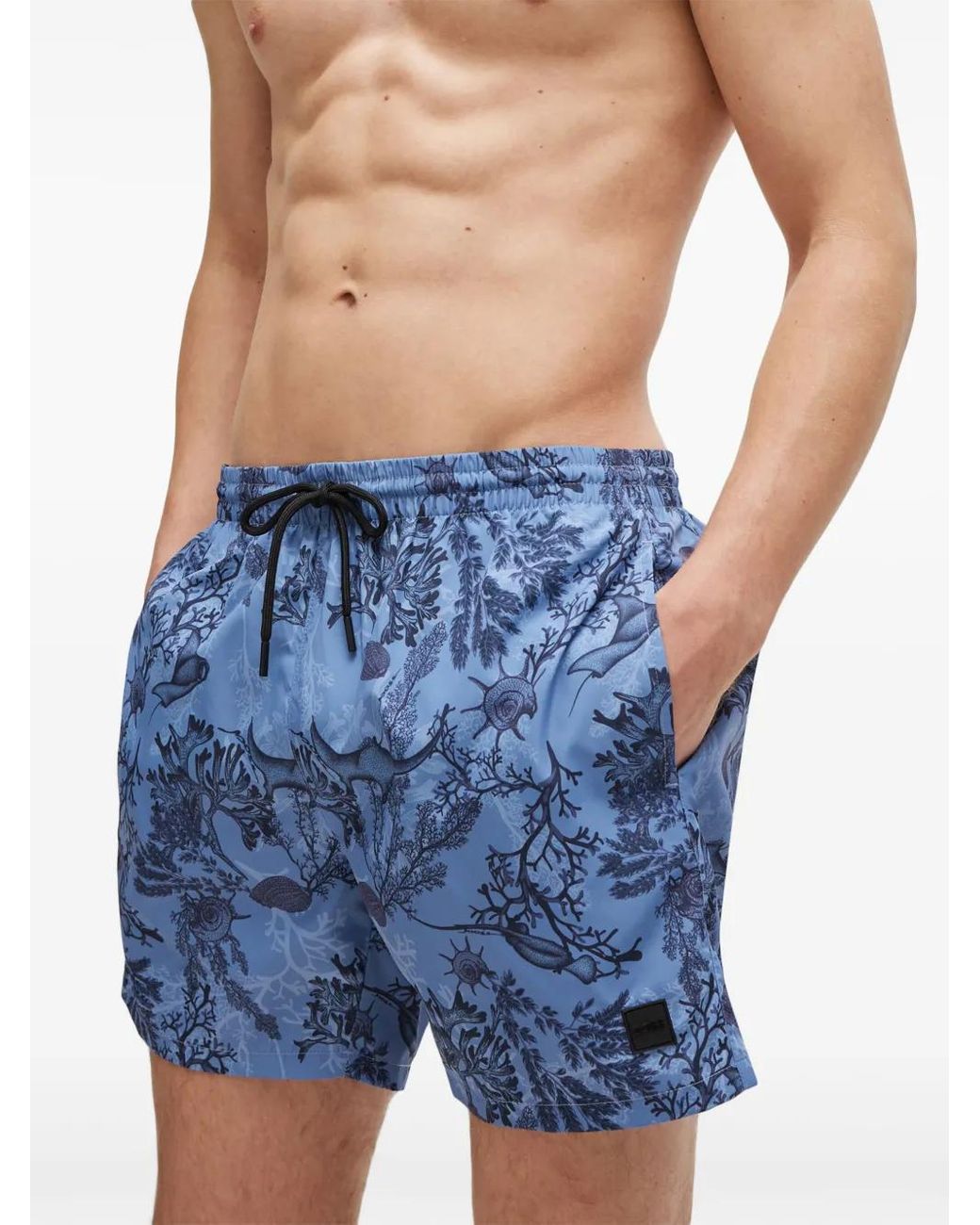 Boss Blue Floral Recycled Polyester Swim Shorts for men