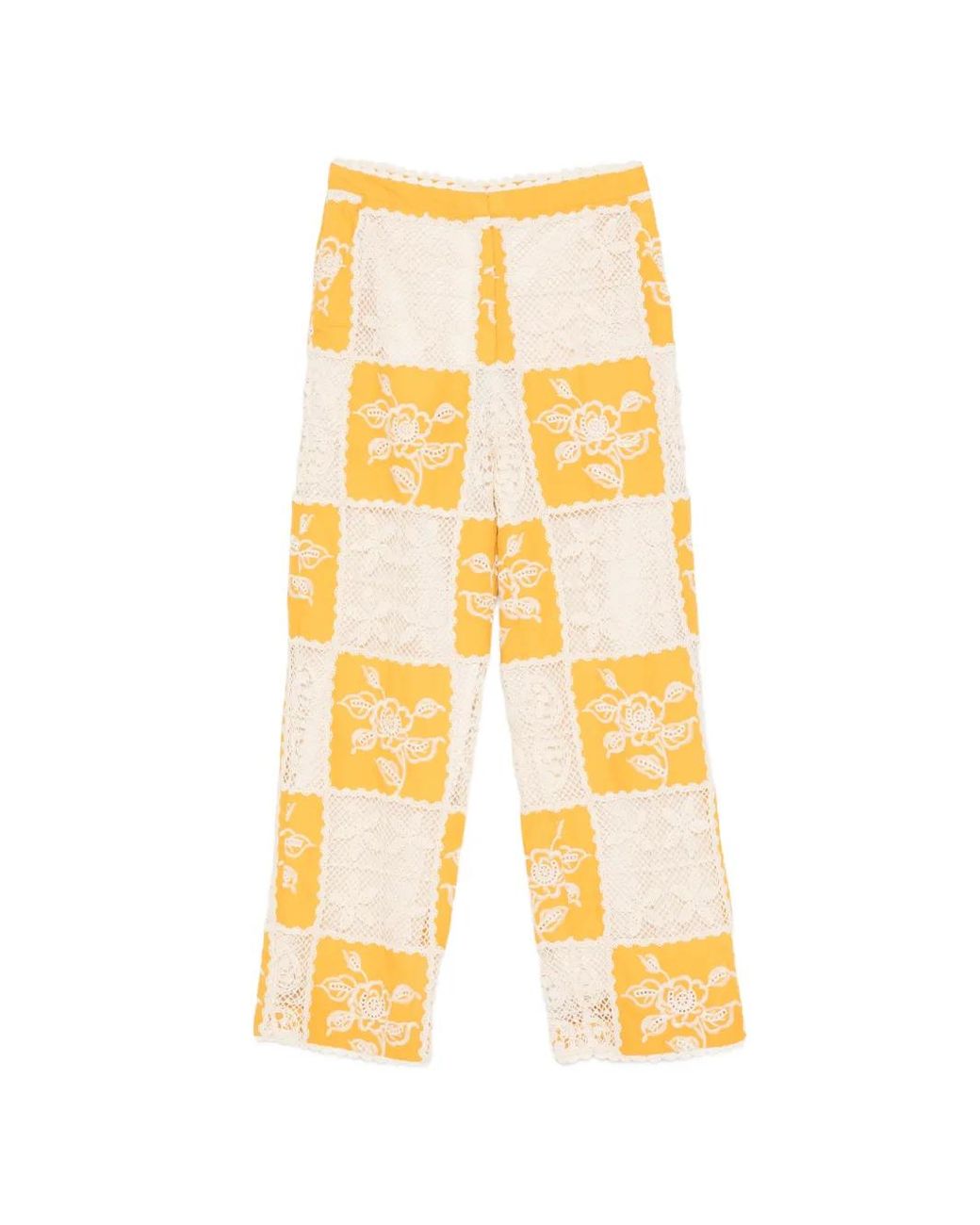 Farm Rio Yellow Crochet-Knit Patchwork Trousers