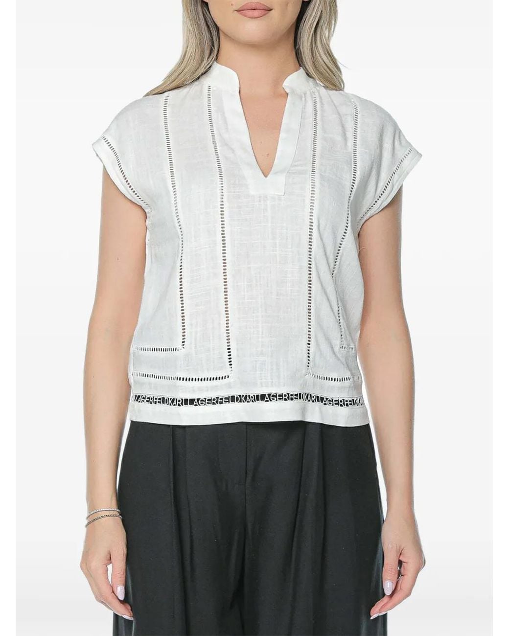 Karl Lagerfeld White Ladder-Stitch Embroidered Blouse