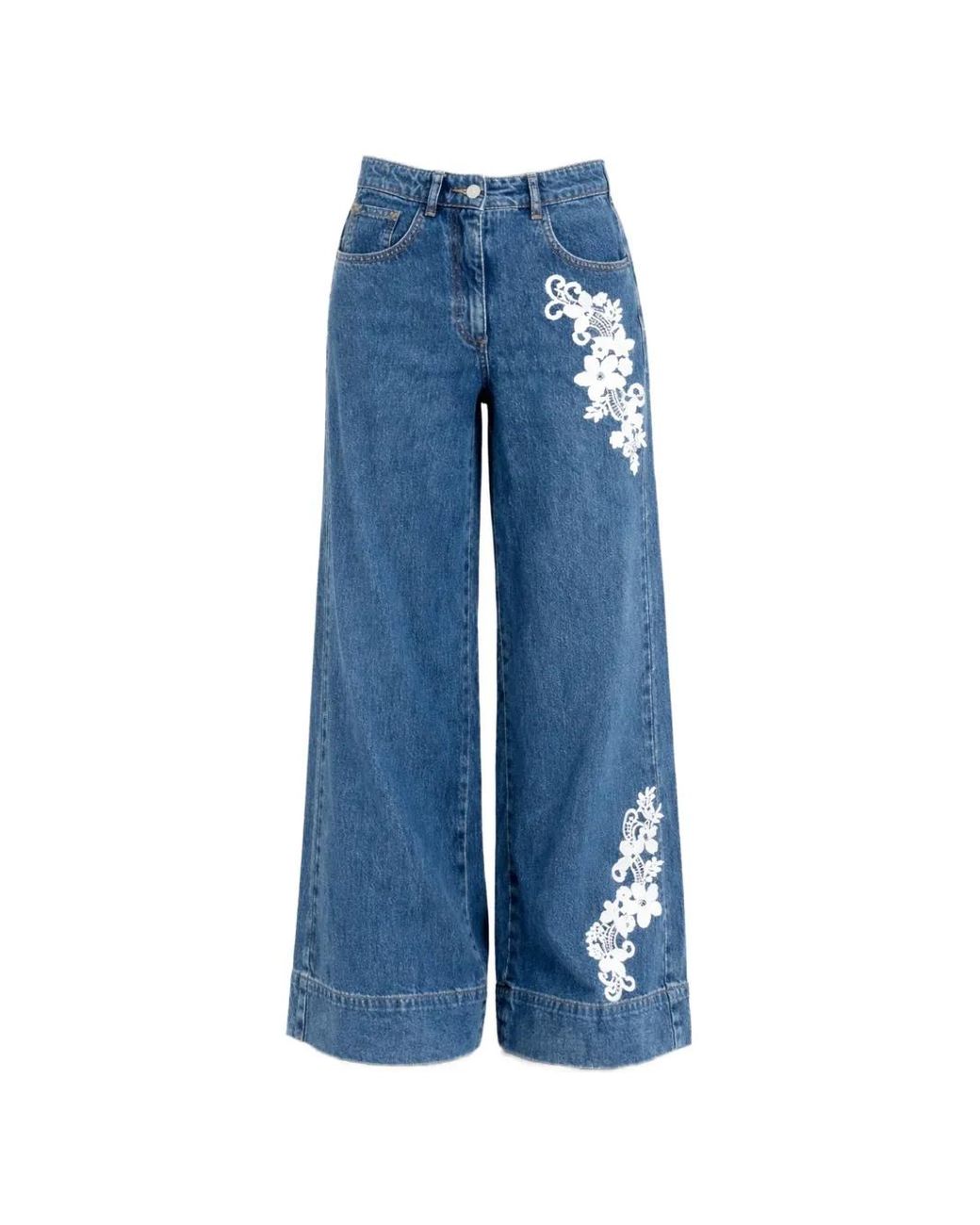 Twinset Blue Wide-Leg Denim Trousers With Lace