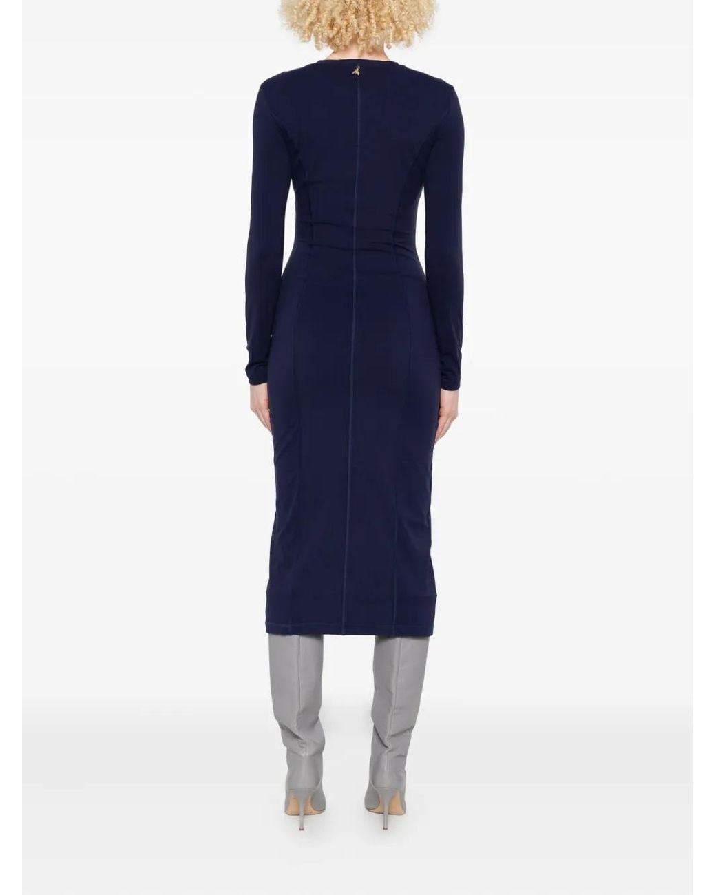 Patrizia Pepe Blue Long-Sleeved Leather-Trimmed Sheath Dress