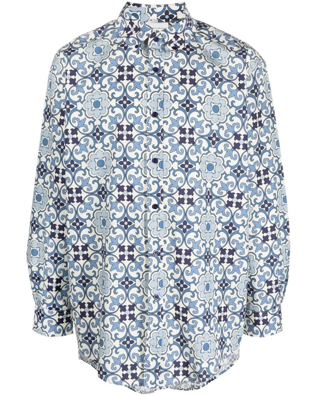 Drole de Monsieur Blue Faïence Geometric-Print Cotton Shirt for men