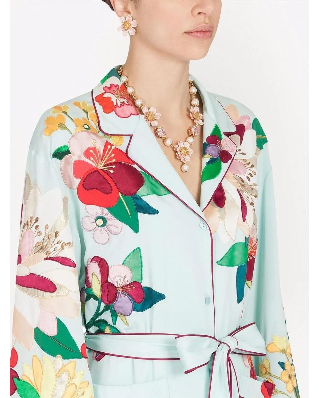 Dolce & Gabbana Blue Floral Applique Pajama-Style Top