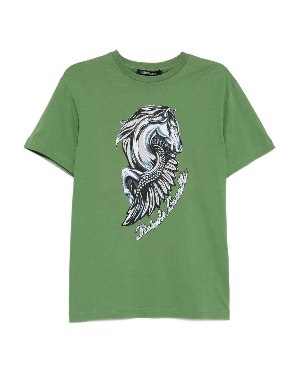 Roberto Cavalli Green Graphic-Print Cotton T-Shirt for men