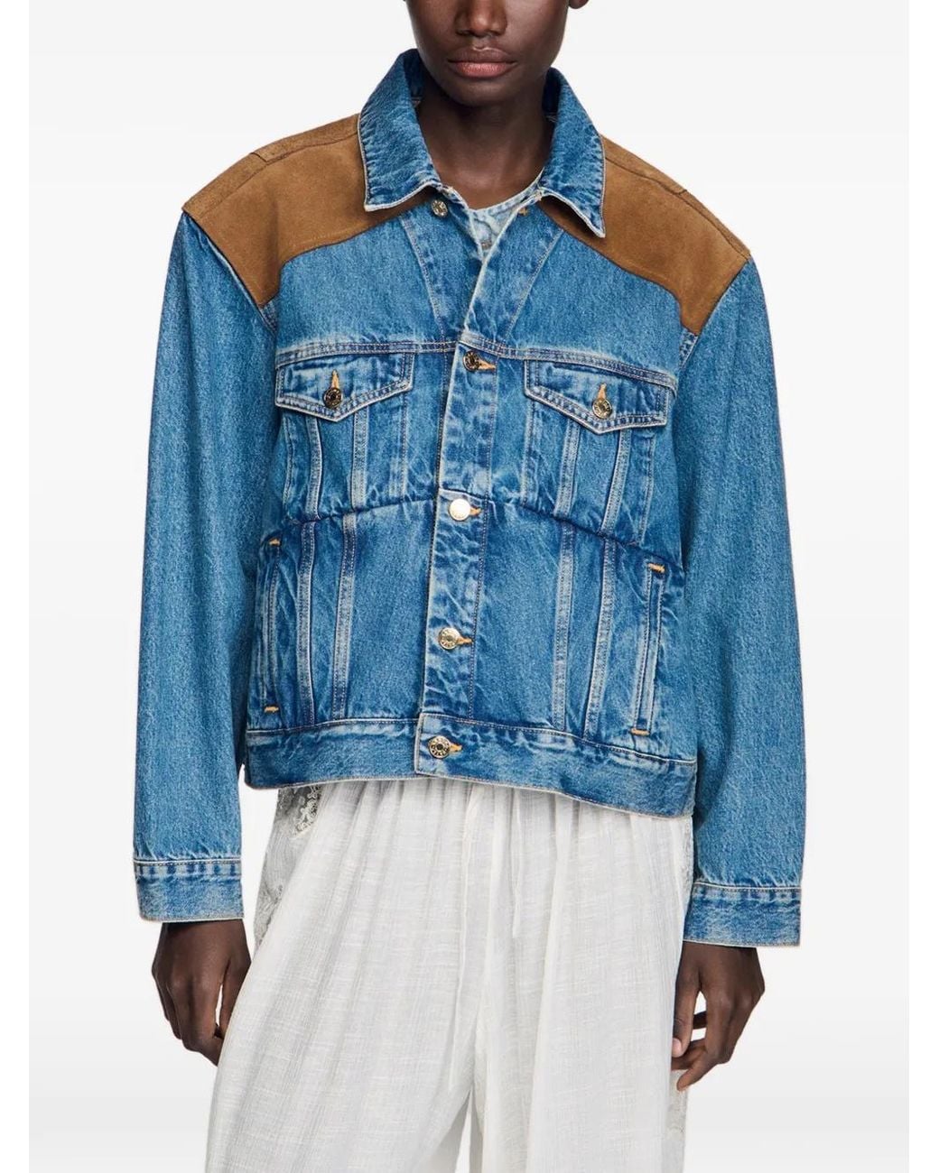Sandro Blue Denim And Suede Jacket