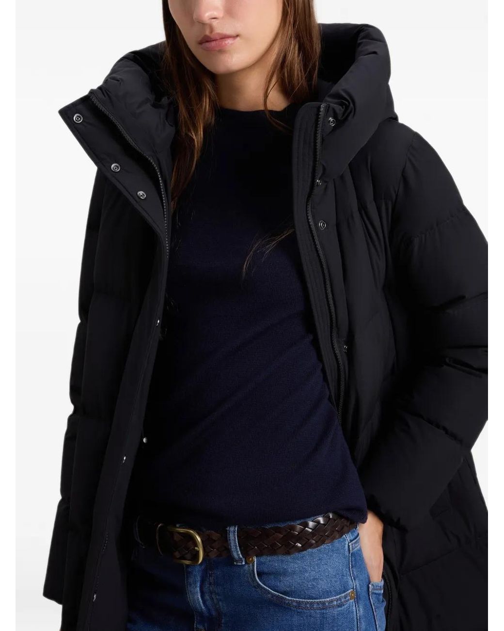 Woolrich Black Striped Quilted Hooded Stand-Up Collar Mini Coat