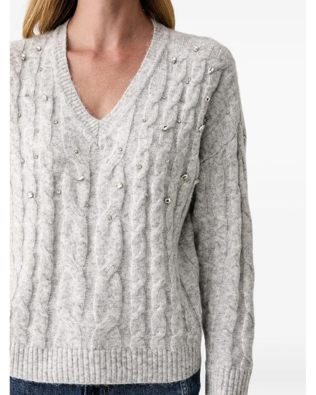 DKNY White Crystal-Embellished Cable-Knit Sweater