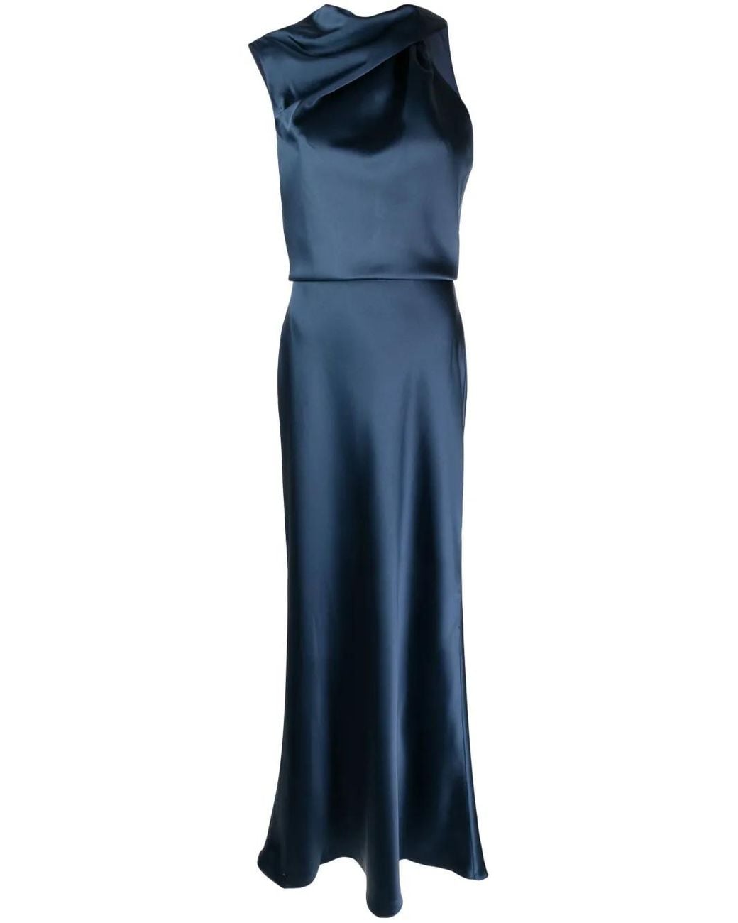 Amsale Blue Asymmetric Draped Satin Gown