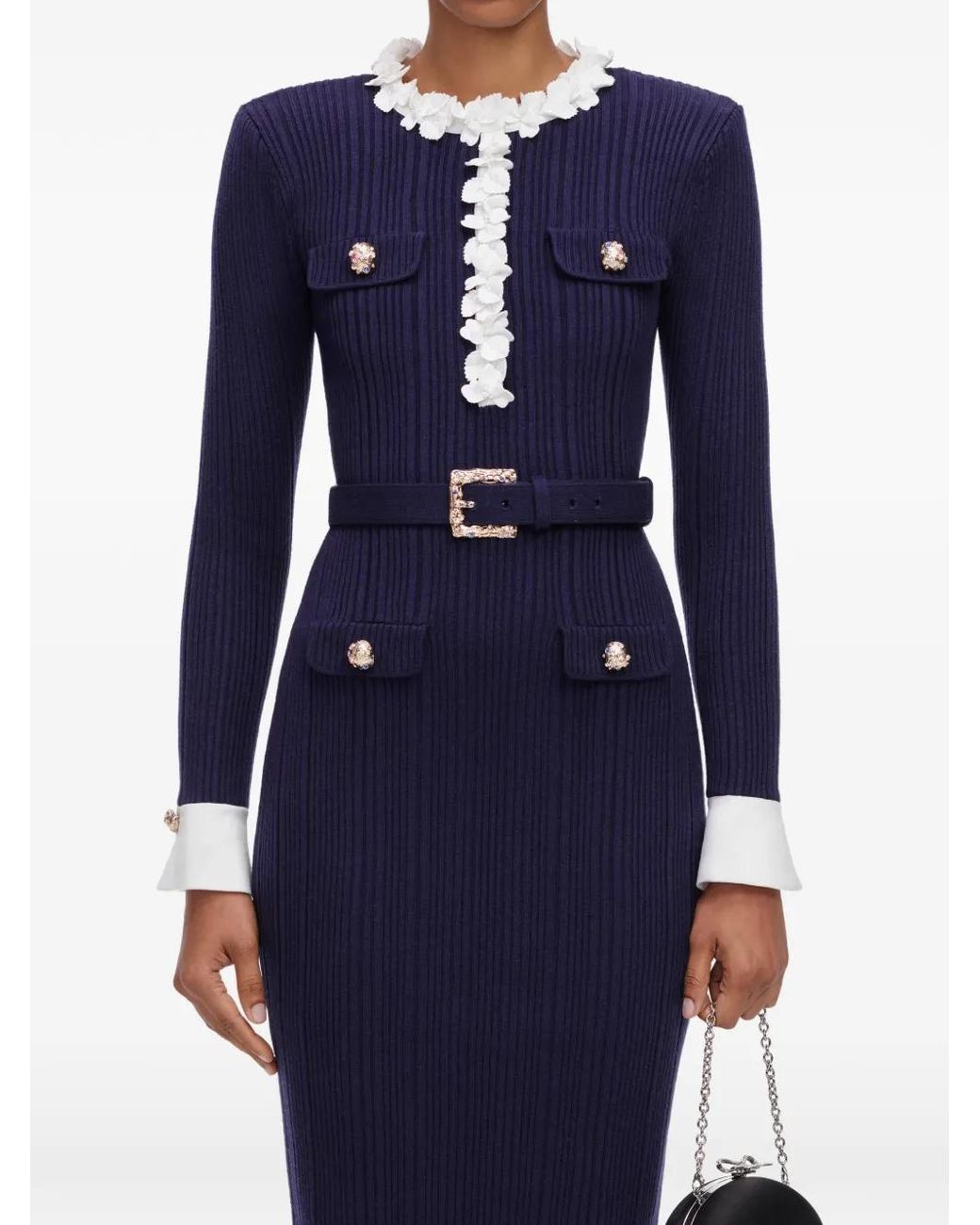 Self-Portrait Blue Flower Rib-Knit Midi Dress