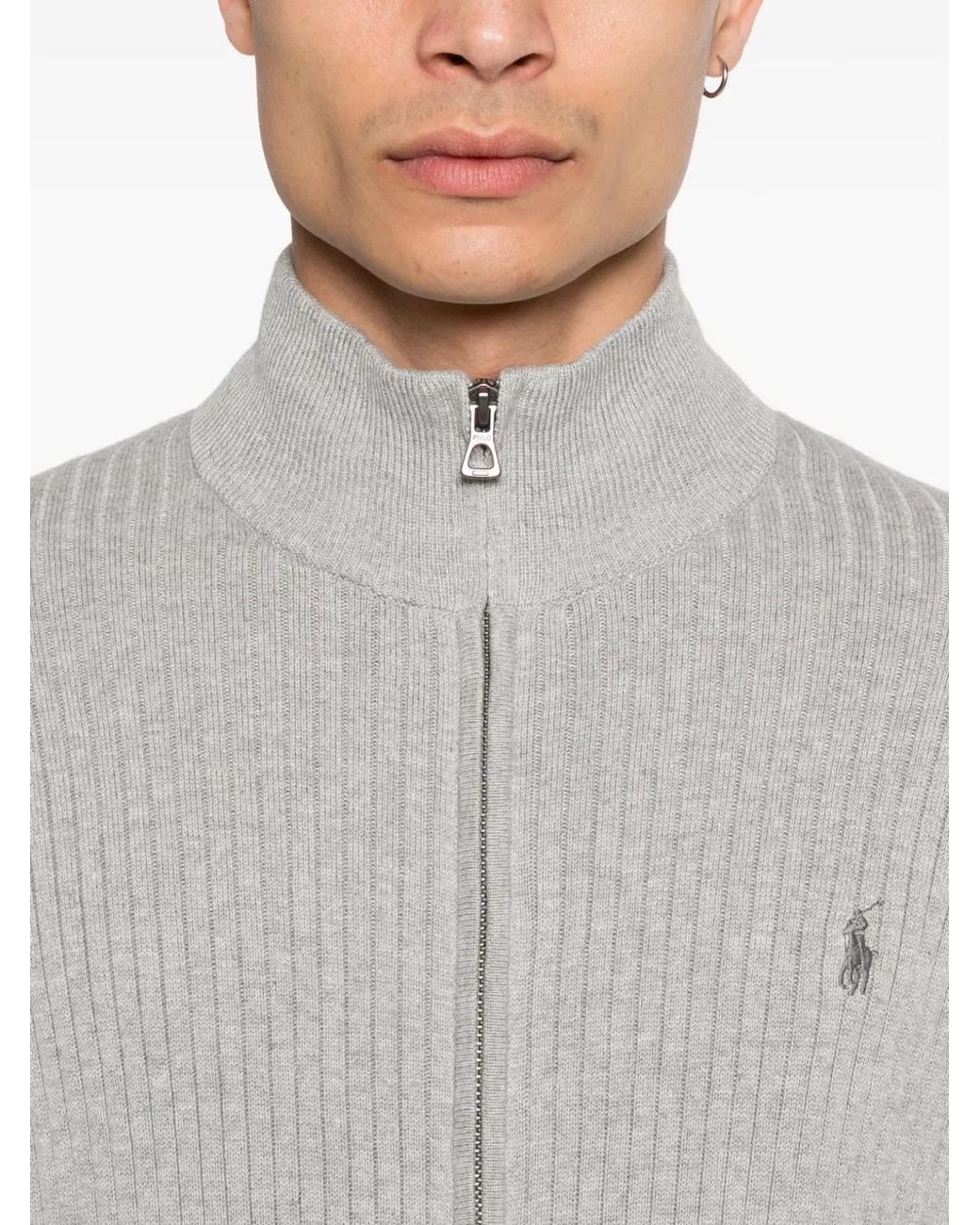 Polo Ralph Lauren Gray Ribbed-Knit Zip-Up Cardigan for men