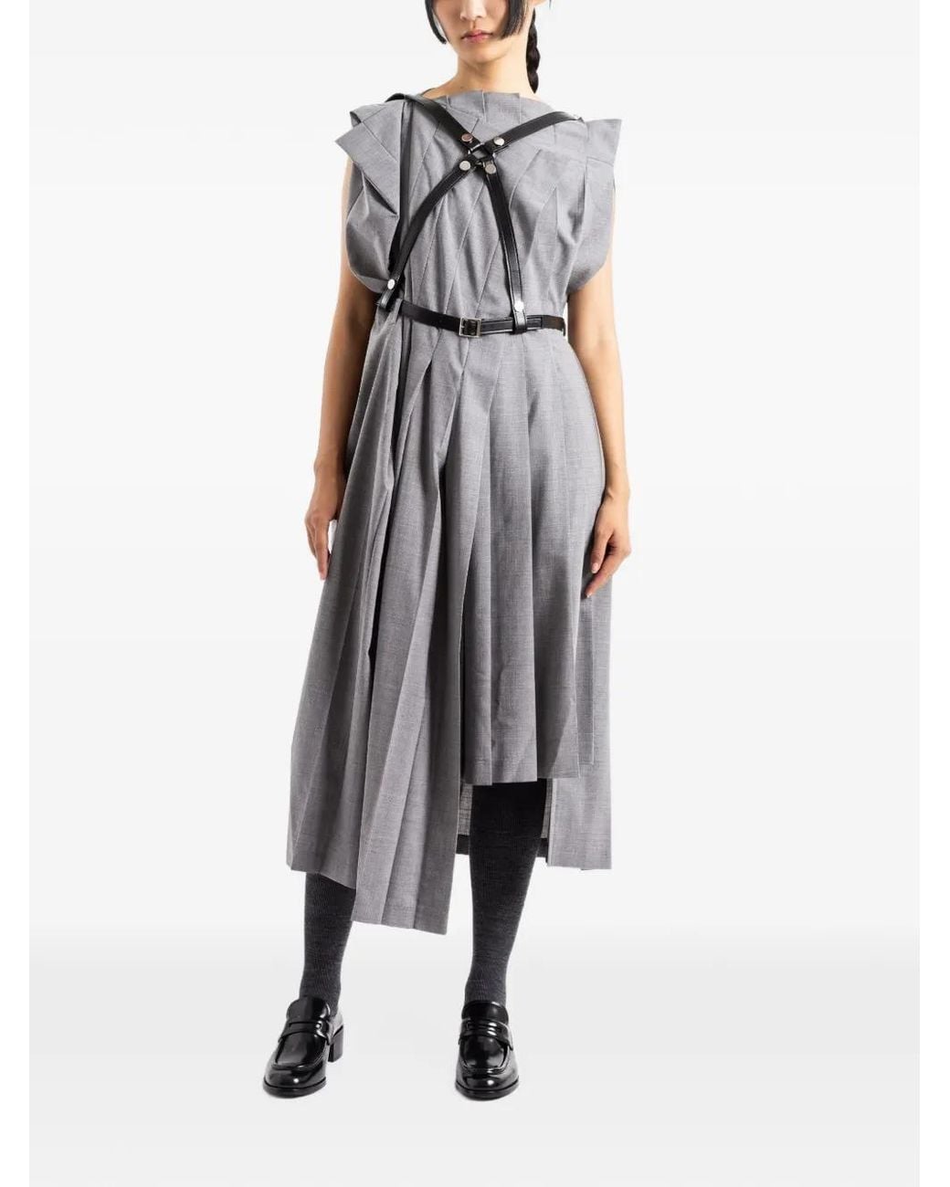 Junya Watanabe Gray Leated Asymmetric Harness-Detail Midi Dress