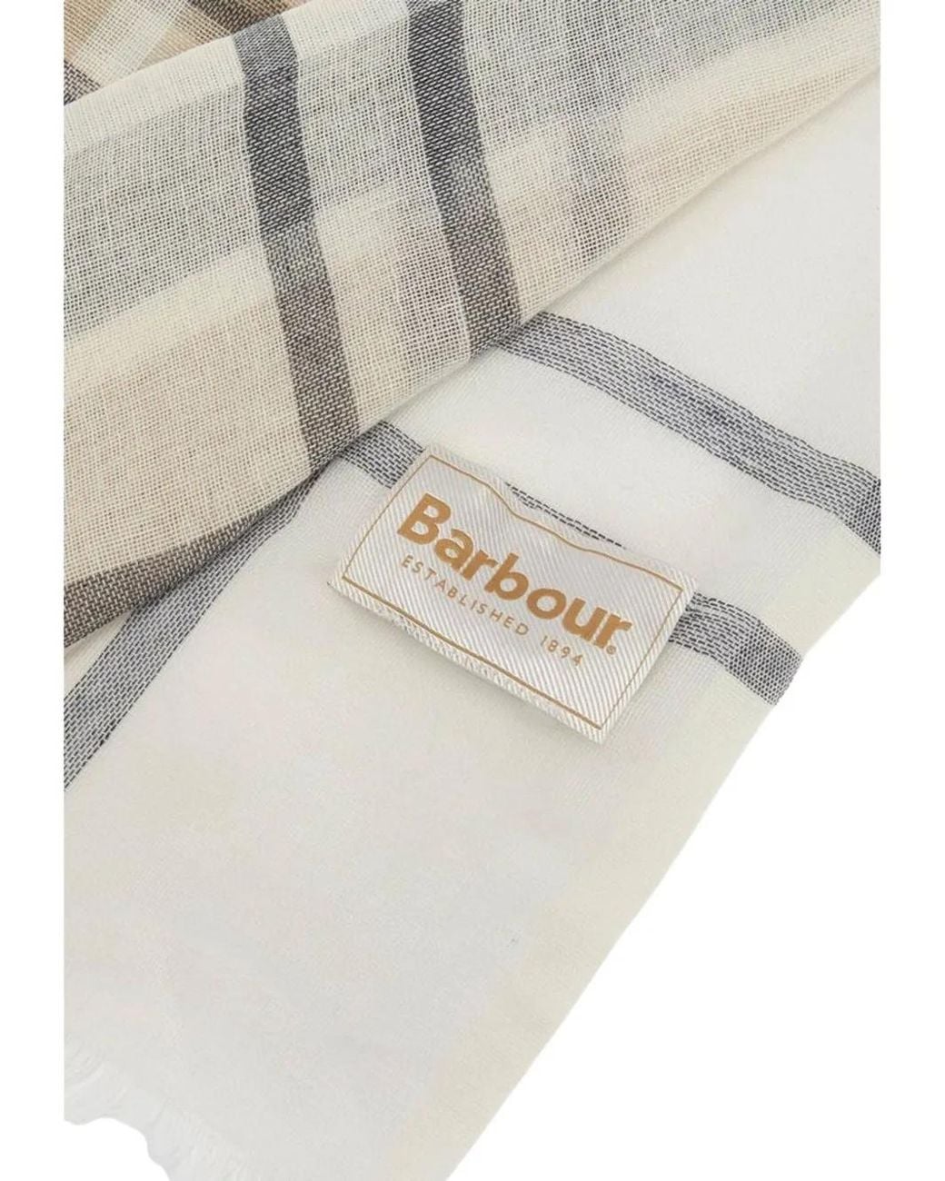 Barbour White Check-Pattern Frayed Scarf
