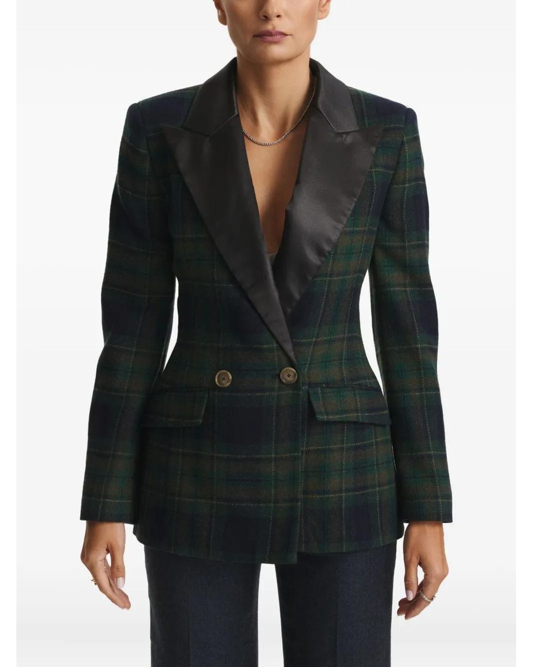 CuAnna Black Midi Double-Breasted Plaid-Pattern Blazer