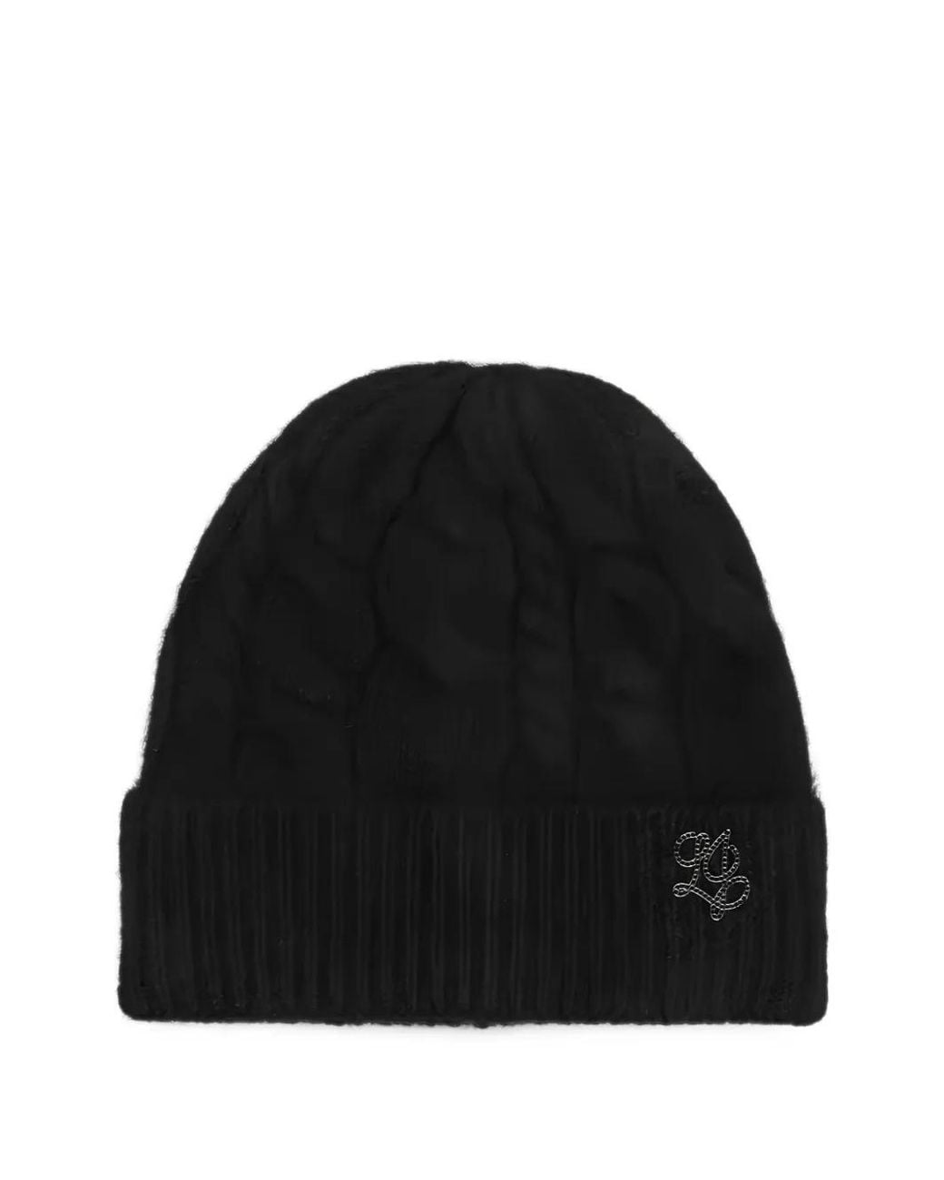 Liu Jo Black Cable-Knit Logo-Detail Beanie Hat