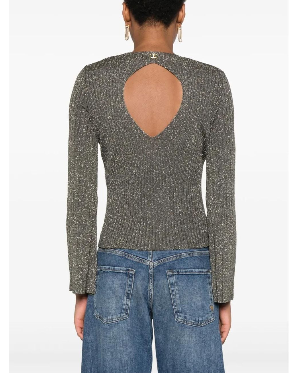 Twinset Gray Lurex-Detail Ribbed Knit Sweater