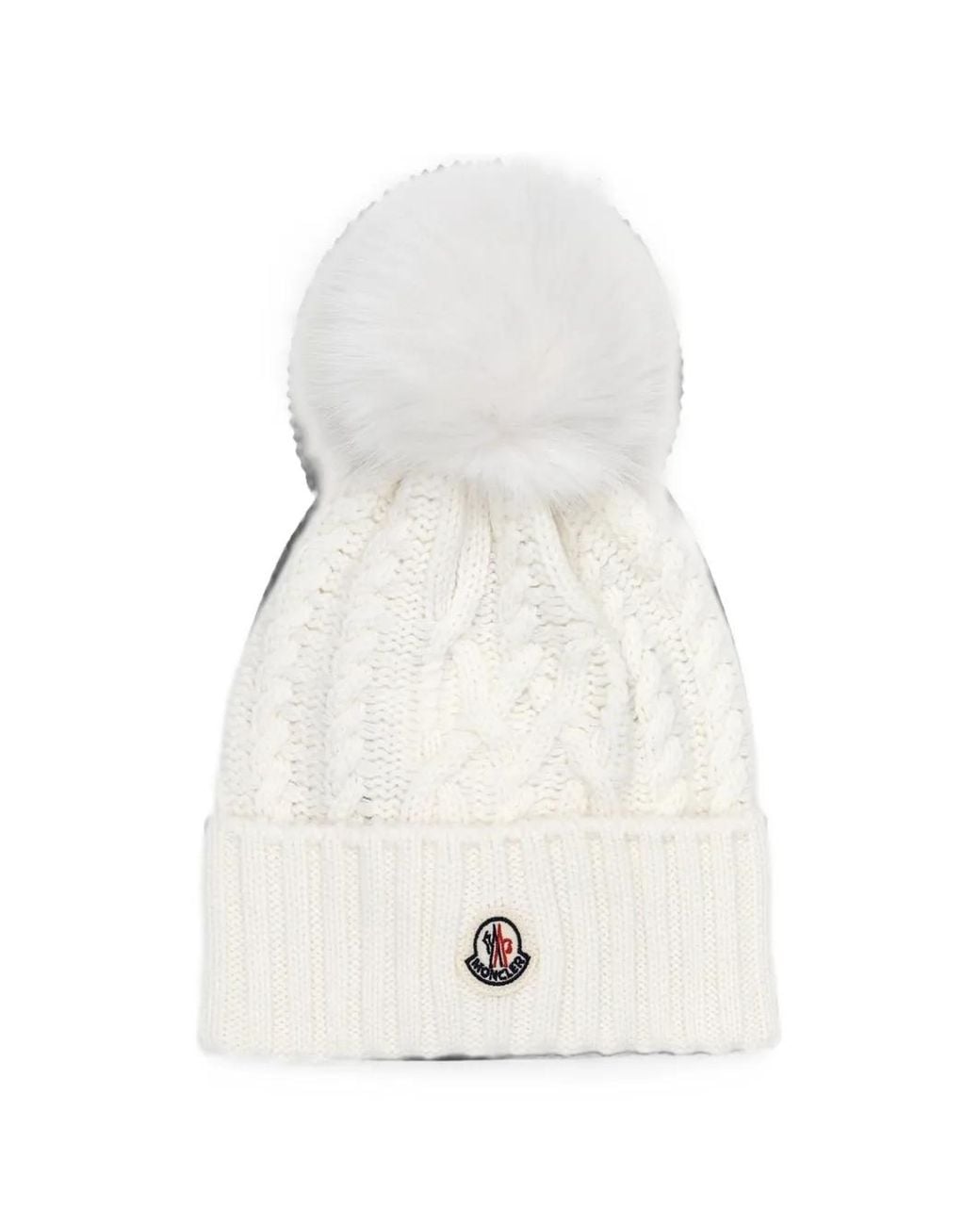 Moncler White Cable-Knit Pompom Beanie Hat