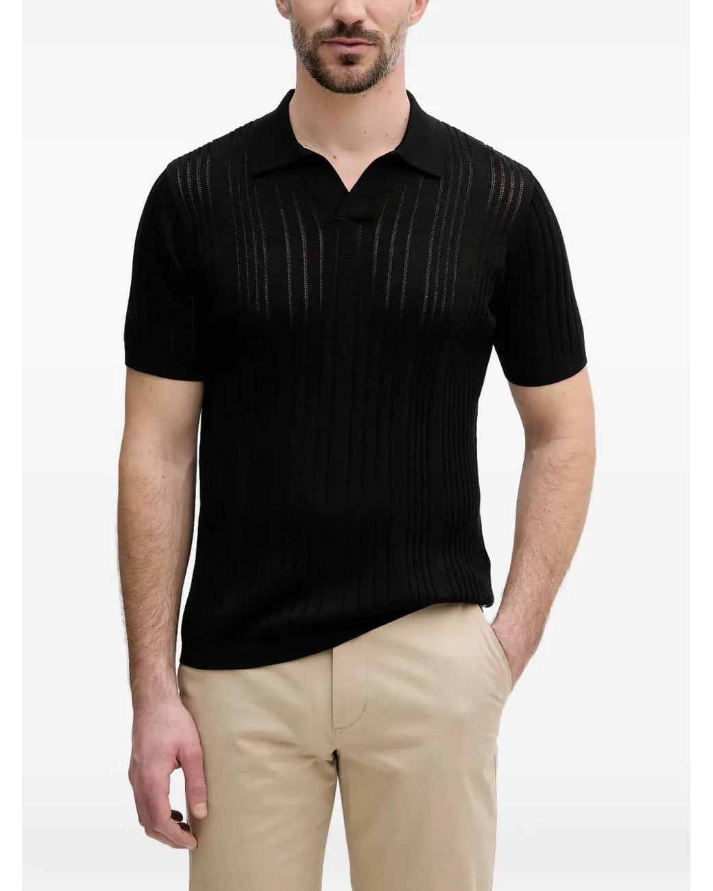 Karl Lagerfeld Black Pointelle-Knit Ribbed Polo Shirt for men