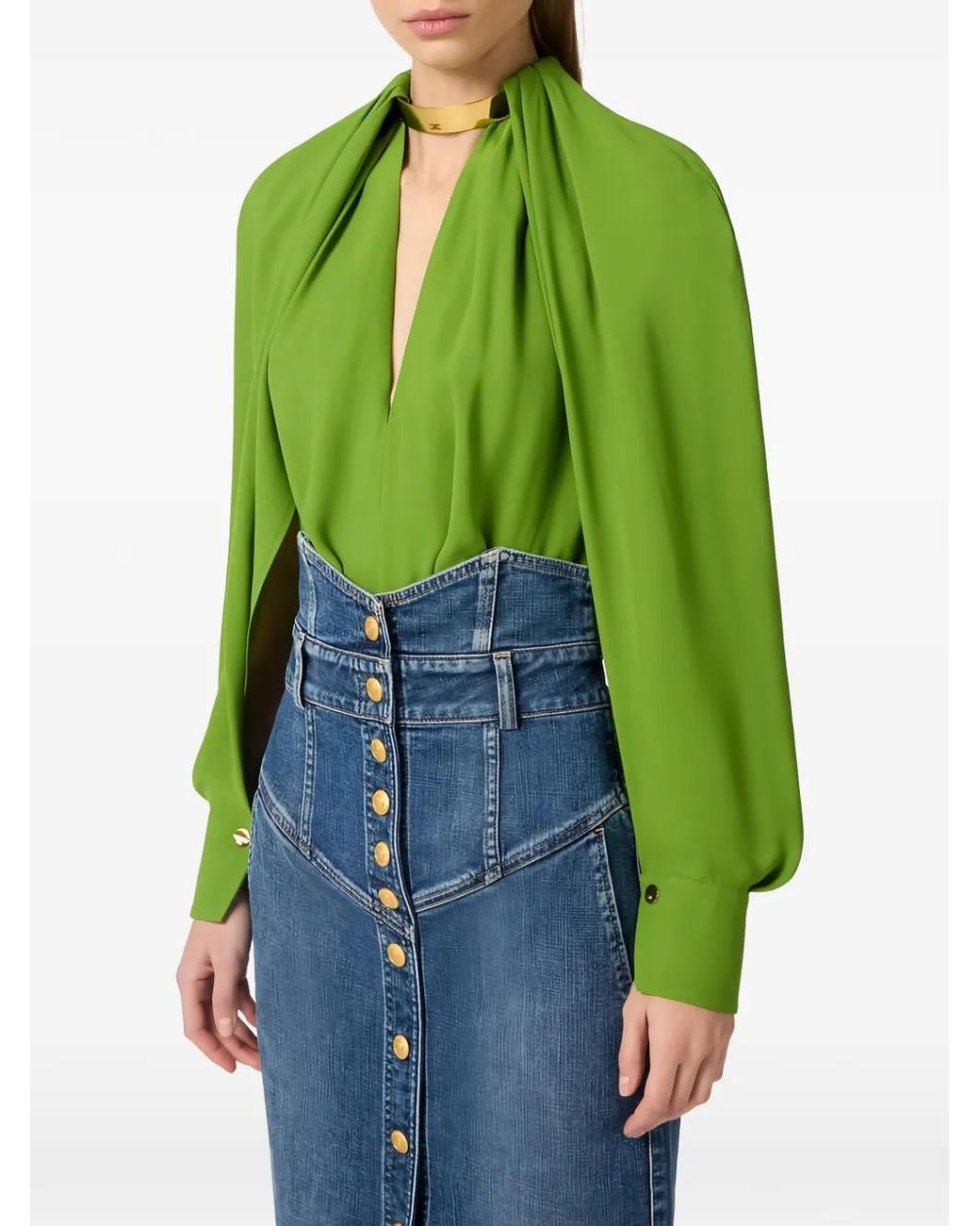 Elisabetta Franchi Green Cape-Sleeves Blouse