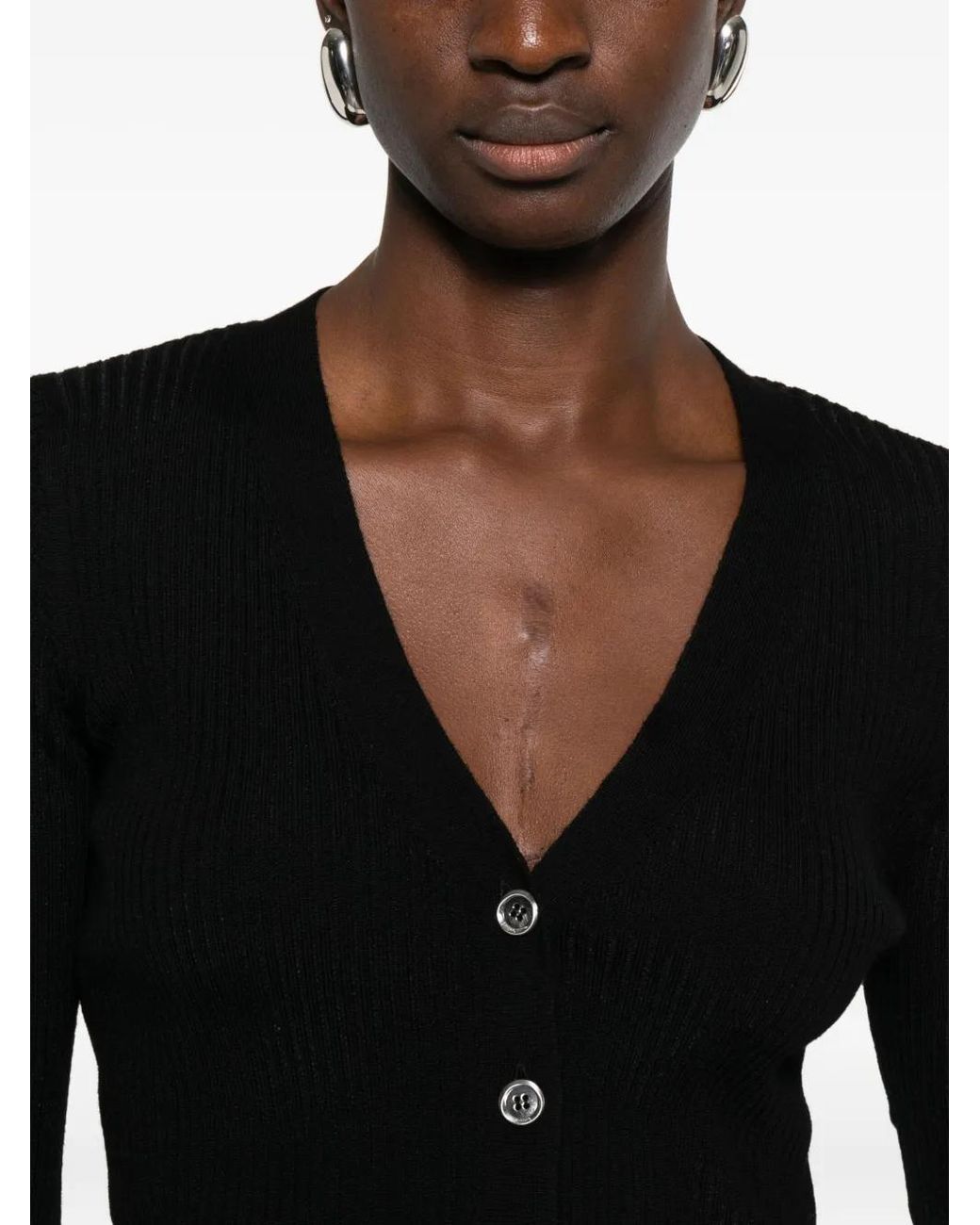 Pinko Black Cropped V-Neck Cardigan With Button-Down Front
