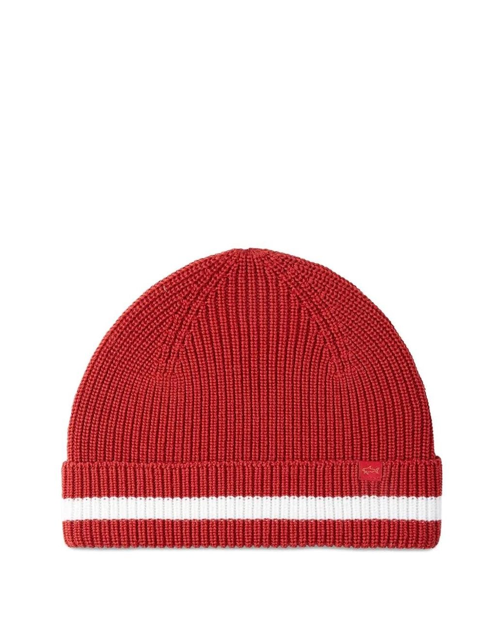 Paul & Shark Red Ribbed Striped Beanie Hat for men