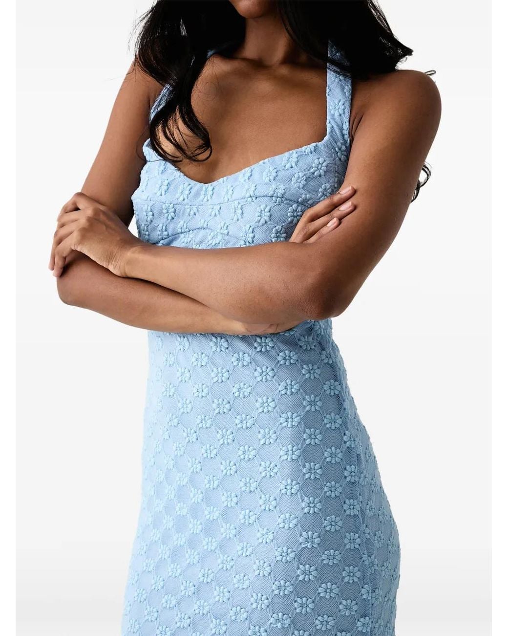 Bardot Blue Mariko Floral-Lace Halterneck Maxi Dress