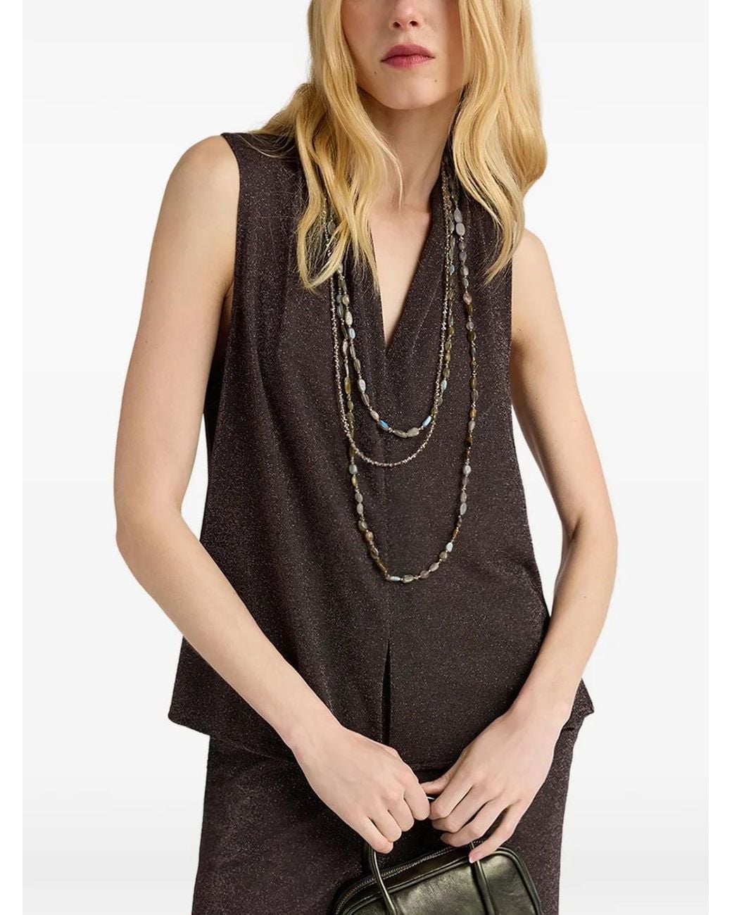 Momoní Brown Kiri Bis Lurex-Knit Pleated Tank Top