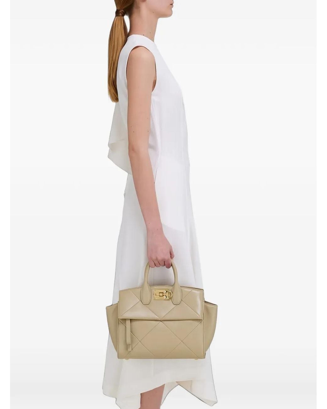 Ferragamo White Quilted Leather Tote Bag
