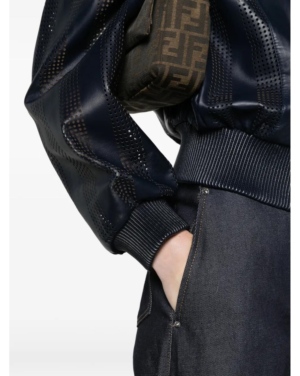 Fendi Blue Blouson Perforated Nappa Leather Jacket