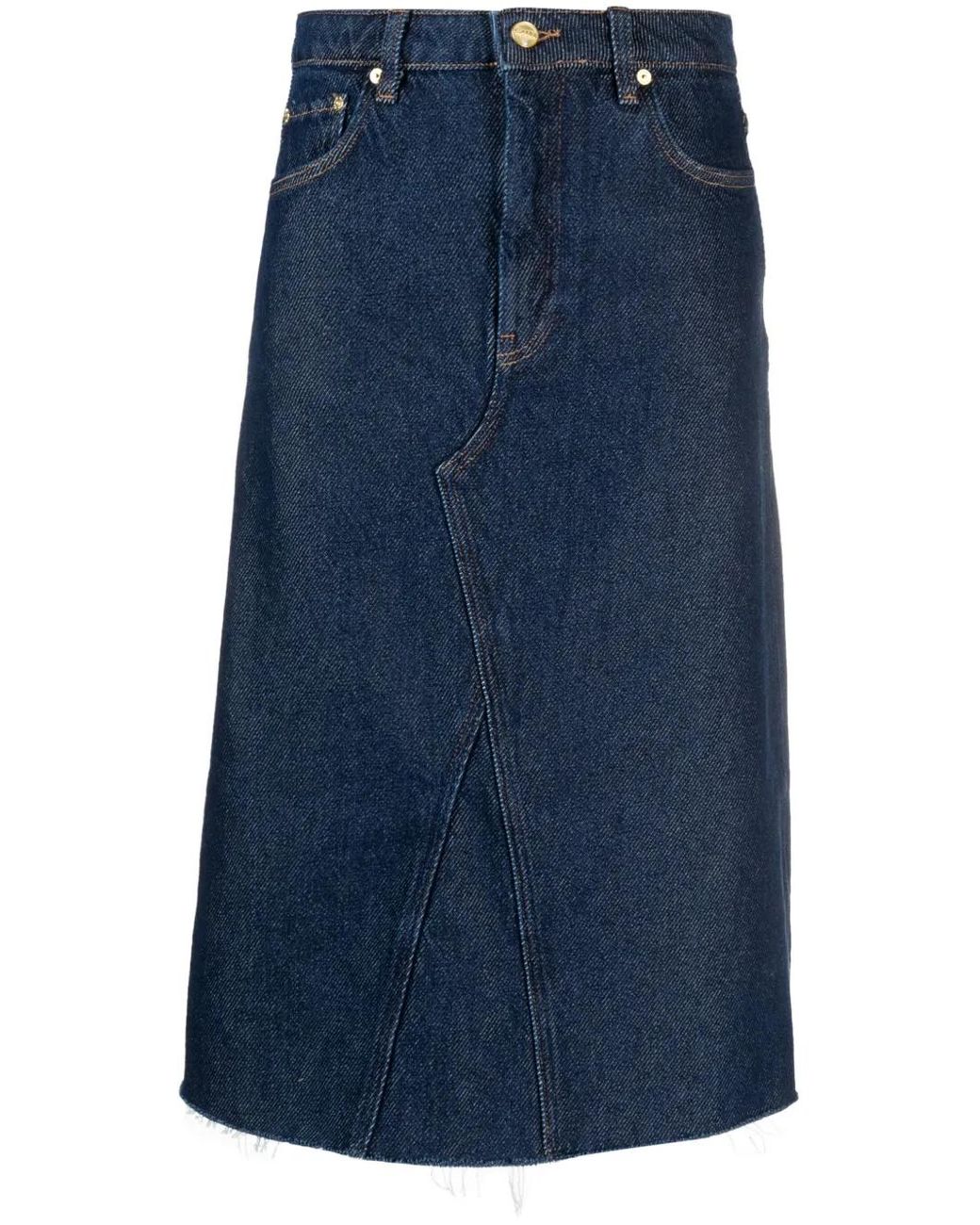Ganni Blue Heavy Raw-Cut Hem Denim Midi Skirt