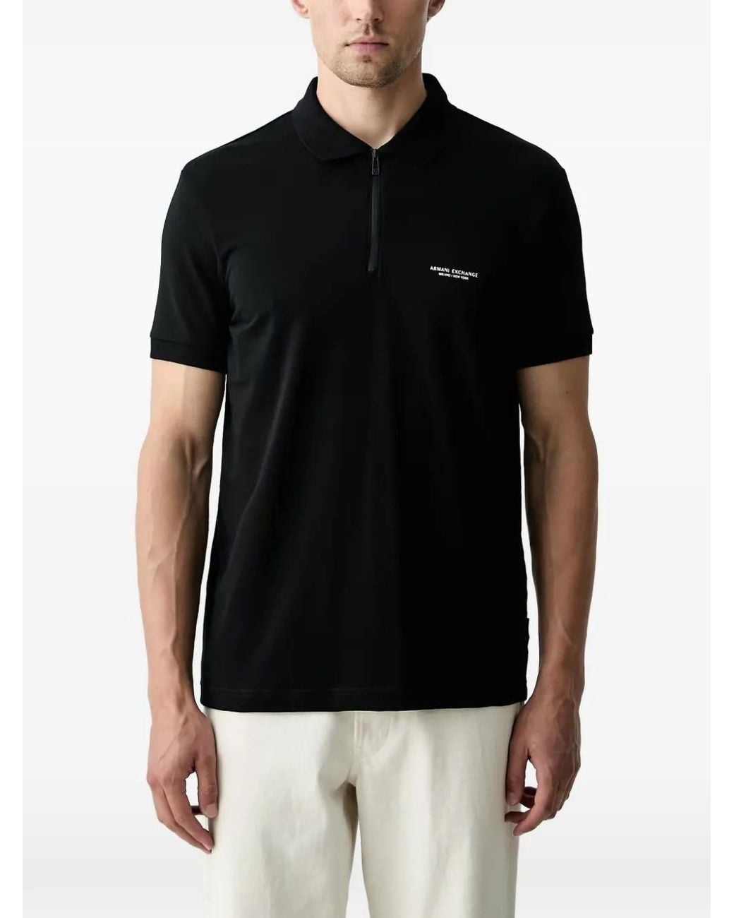 ARMANI EXCHANGE Black Logo-Print Zip-Up Polo Shirt for men