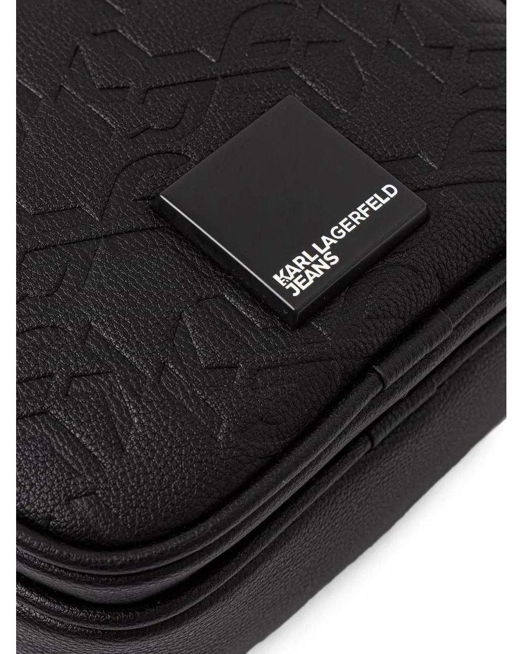 Karl Lagerfeld Black Monogram-Embossed Messenger Bag for men