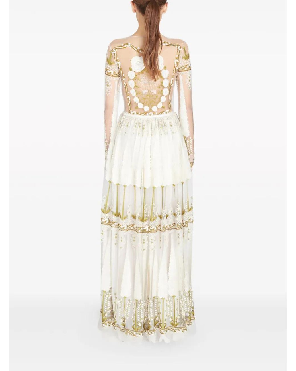 Giambattista Valli Natural Jardin D'Eden Embroidered Tulle Maxi Dress