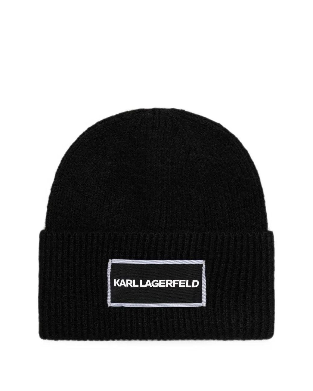 Karl Lagerfeld Black Logo-Patch Ribbed Beanie Hat