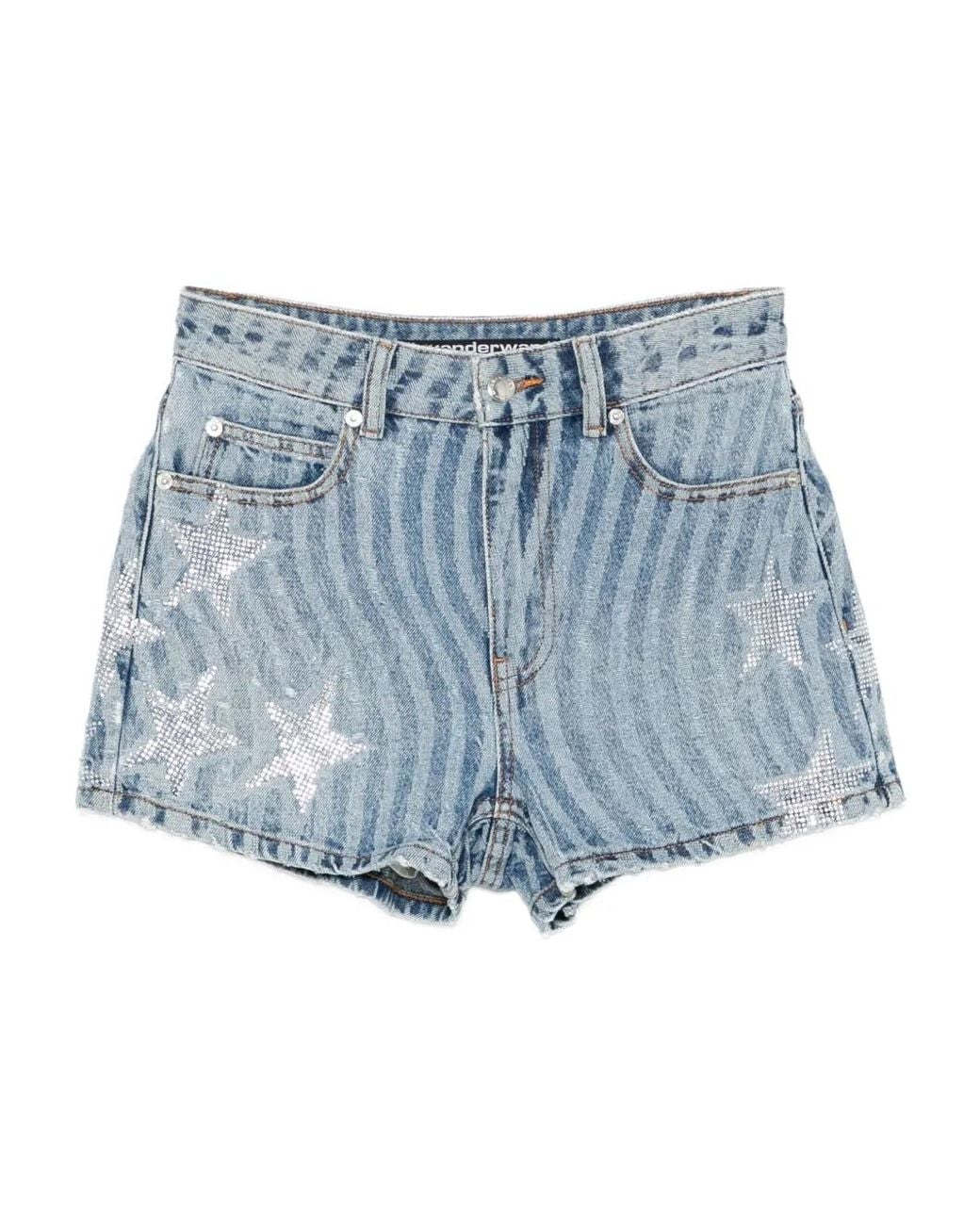 Alexander Wang Blue Crystal-Embellished Striped Denim Shorts