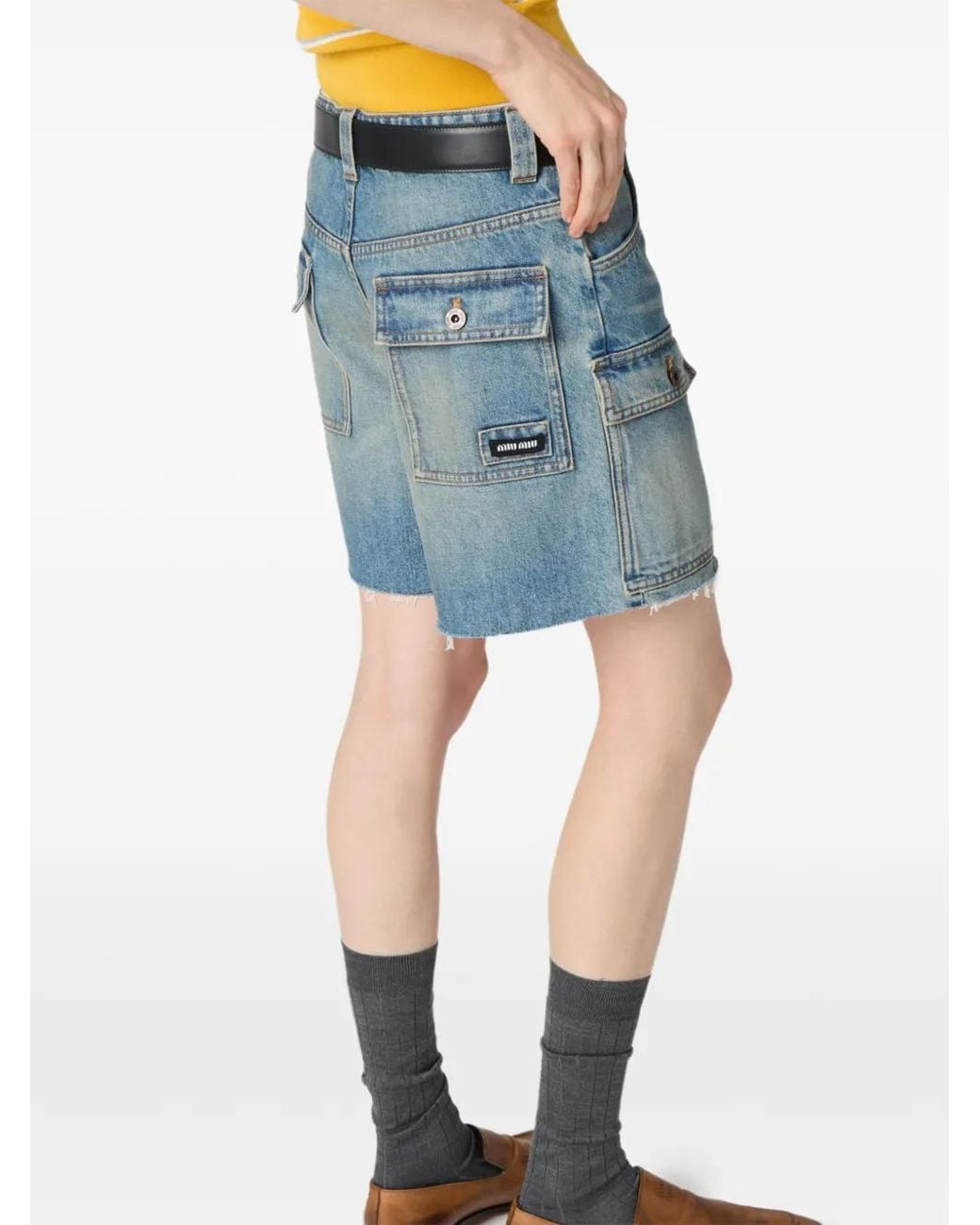 Miu Miu Blue Washed Patch-Pocket Denim Shorts
