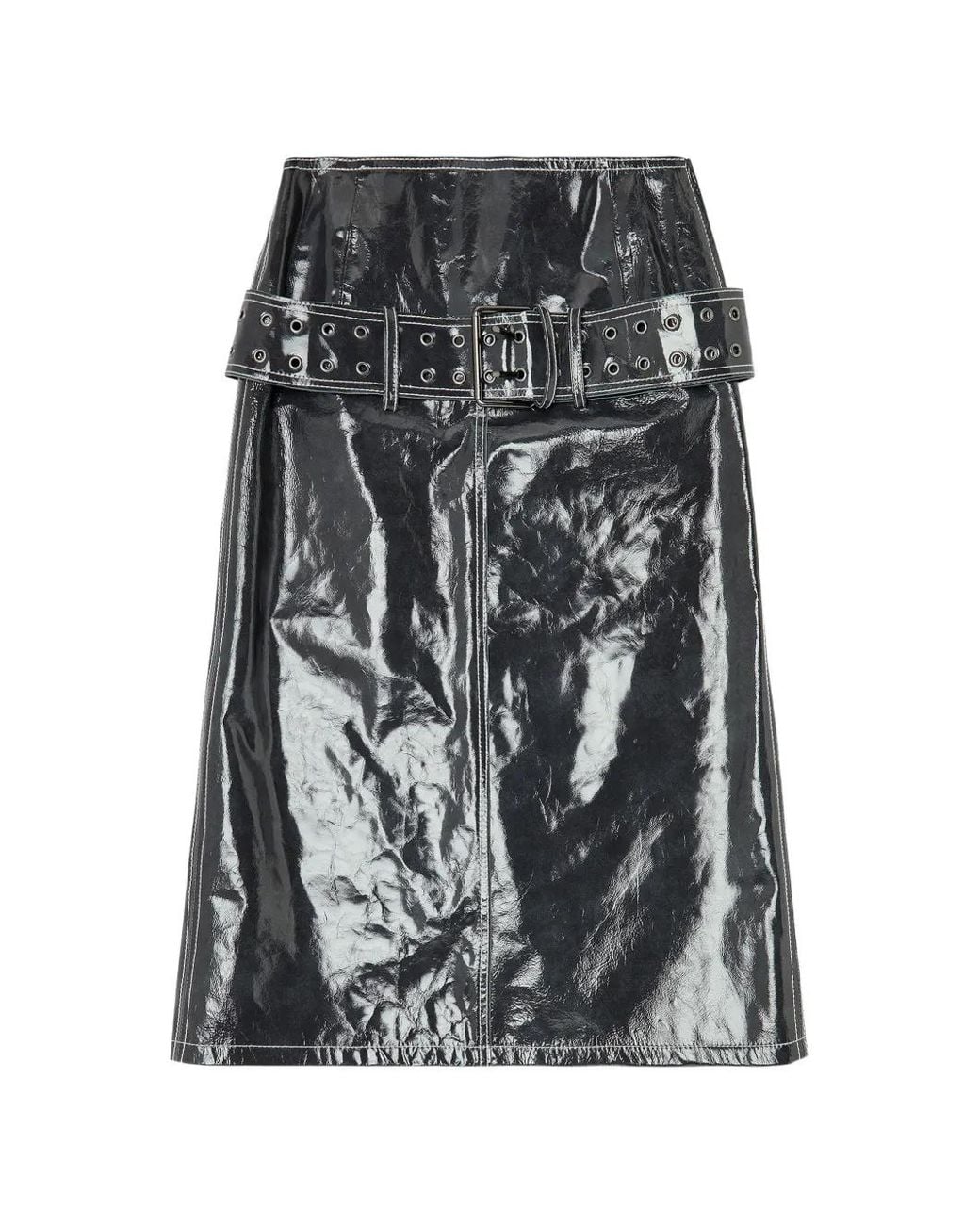 DIESEL Gray Patent-Leather Midi Skirt With Belt