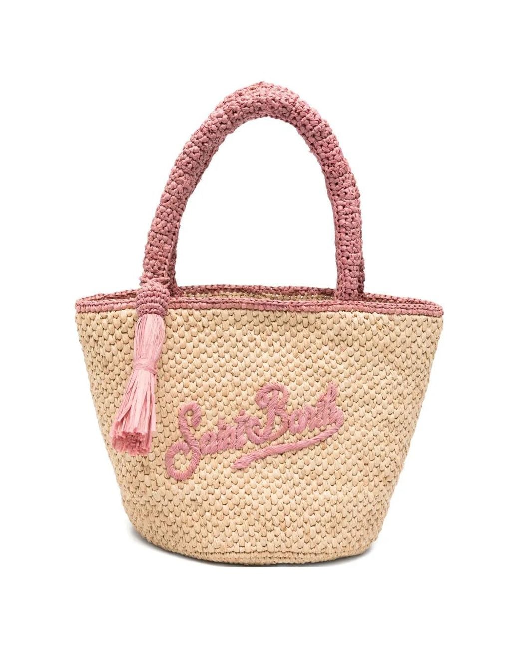 Mc2 Saint Barth Pink Marcy Medium Raffia Bag With Details And Embroidered Logo