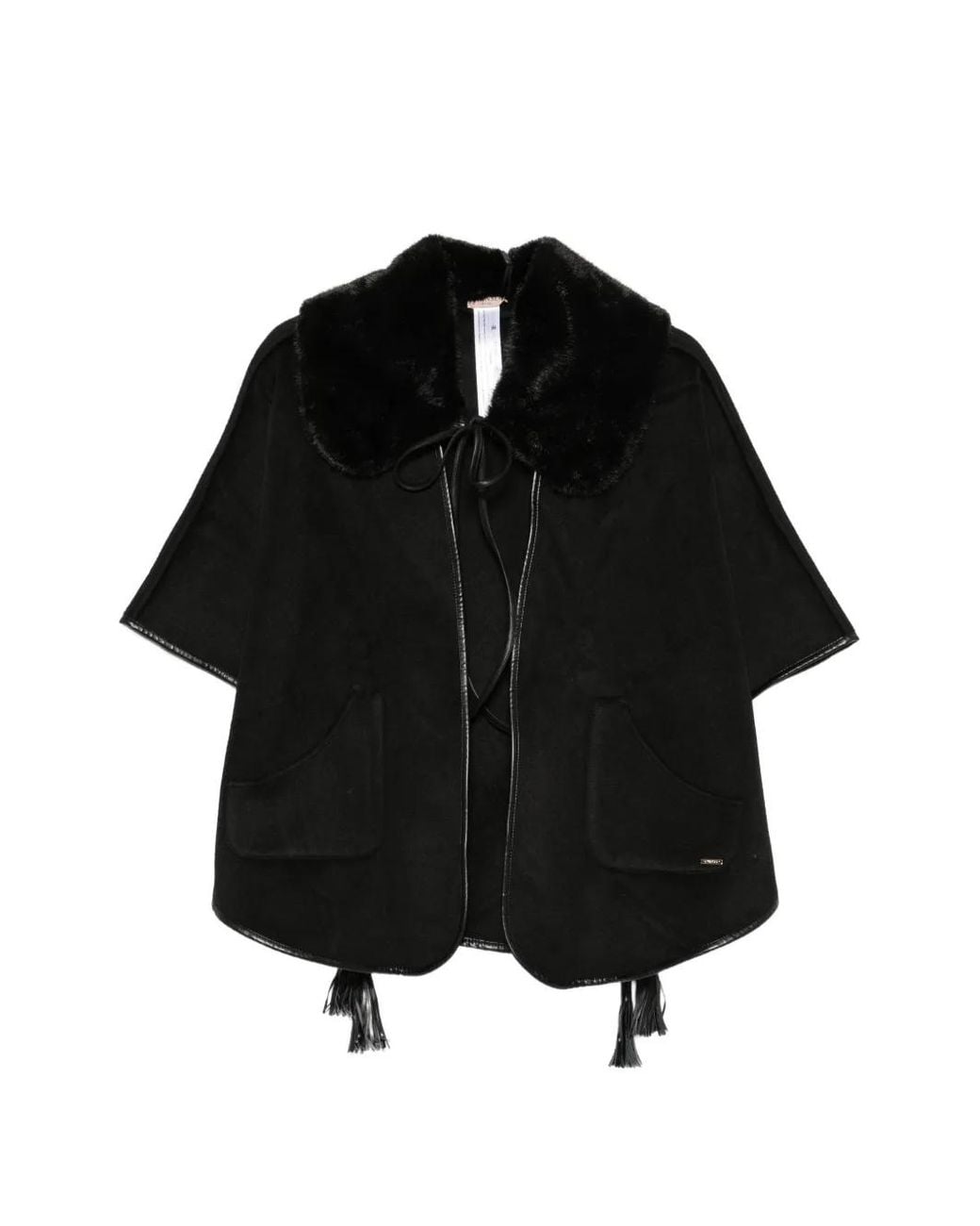 Twinset Black Faux-Fur Collar Tassel Cape