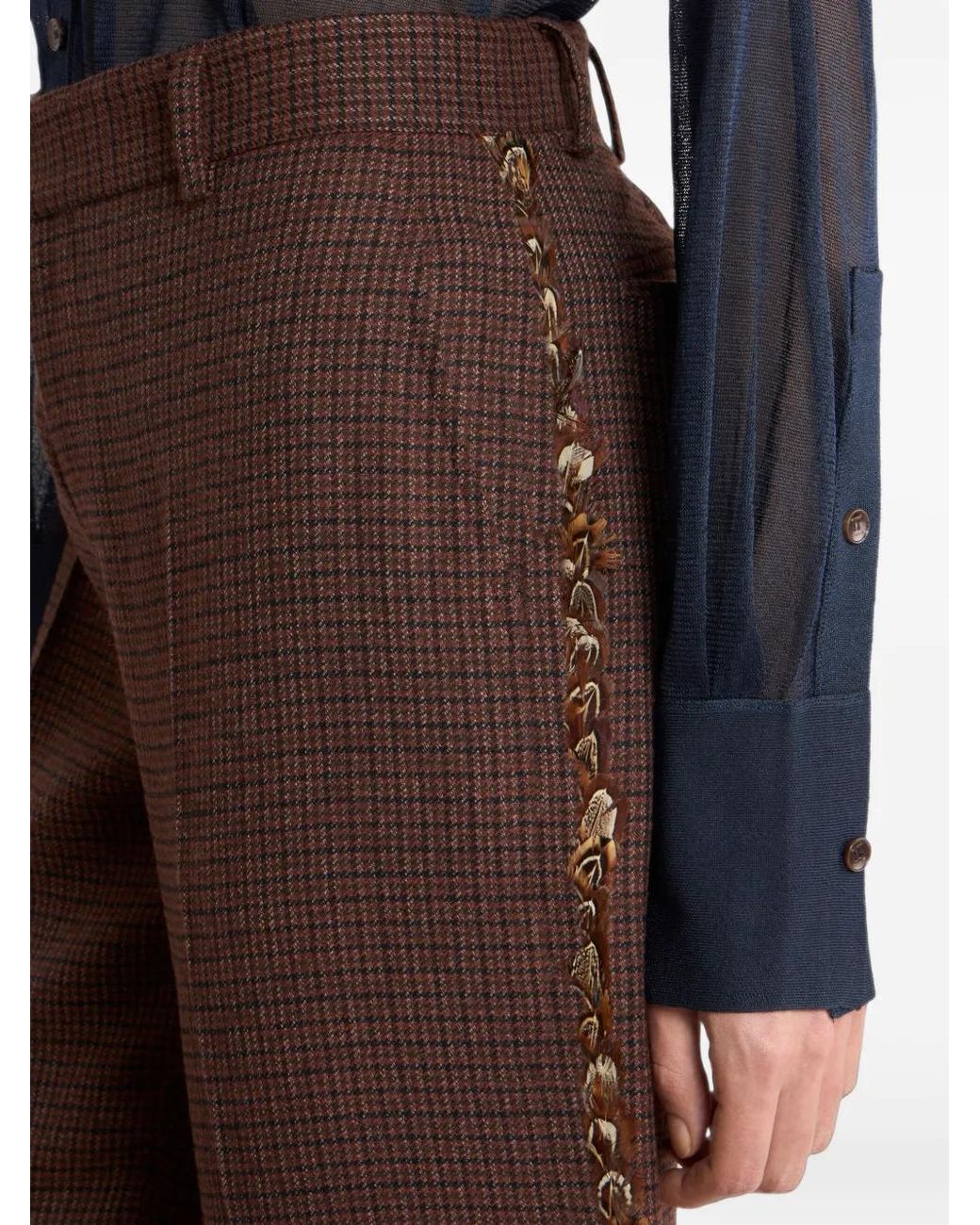 Etro Brown Straight-Leg Wool Trousers With Pheasant Feathers And Micro Houndstooth Motif