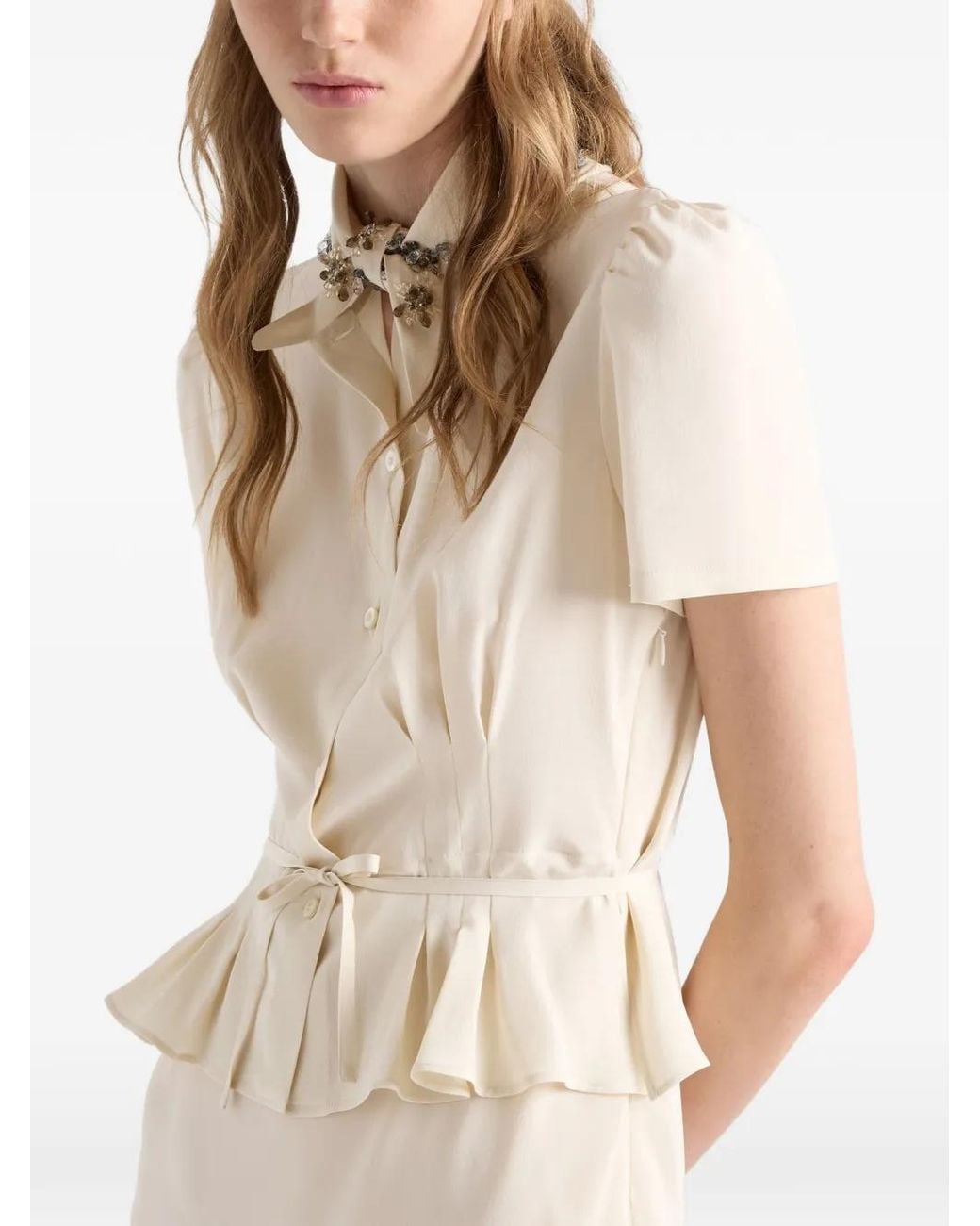 Prada White Crystal-Embellished Peplum-Waist Midi Dress
