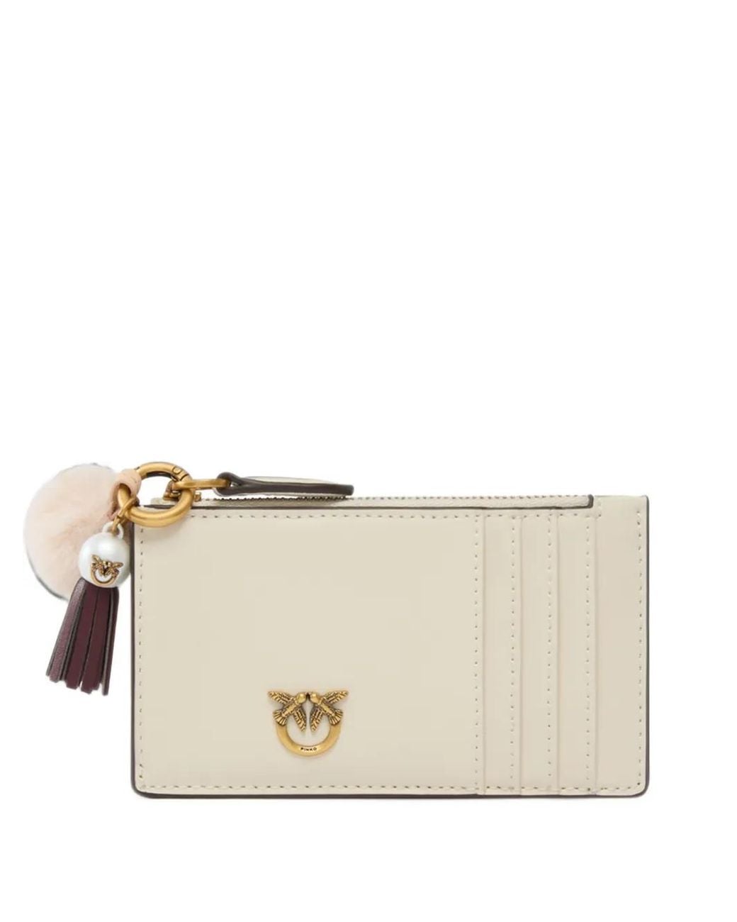 Pinko Natural Leather Card Holder With Tassel And Pompom