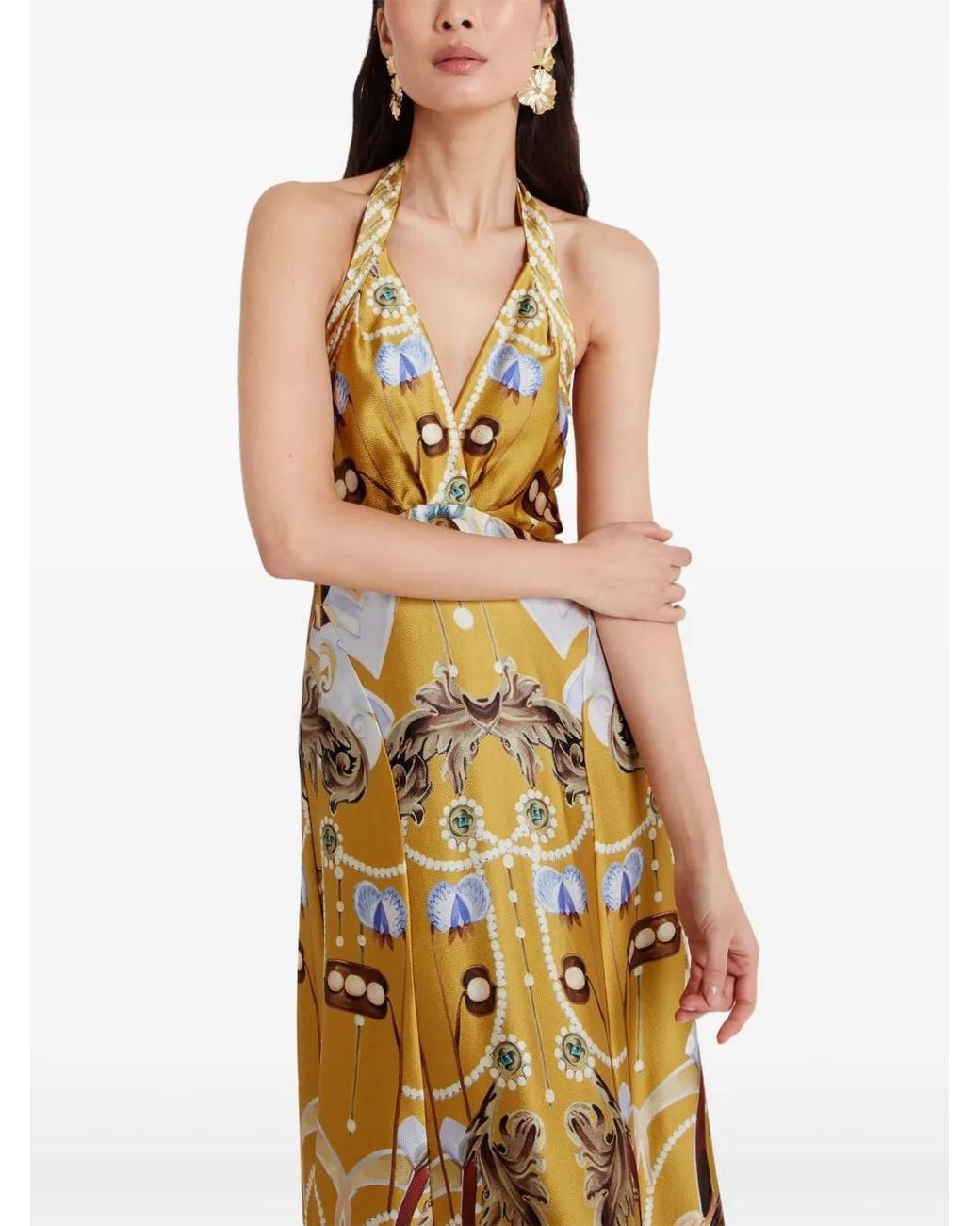 Temperley London Metallic Graphic Print Halterneck Silk Maxi Dress