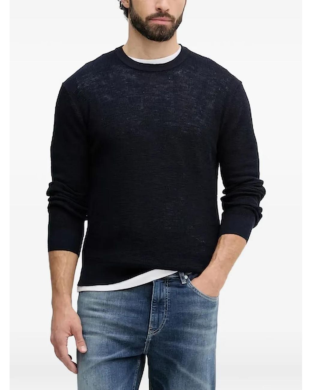 Benetton Blue Fine-Knit Crew-Neck Sweater for men