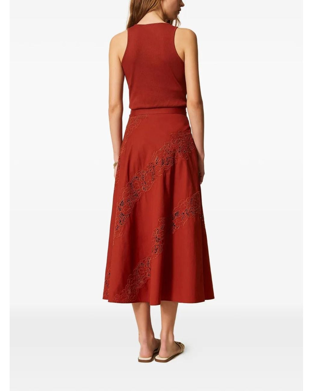 Twinset Red Long Poplin And Broderie Anglaise Skirt