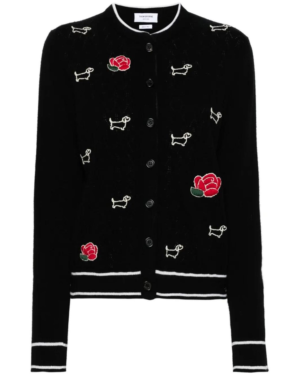Thom Browne Black Hector And Rose Embroidered Wool Cardigan