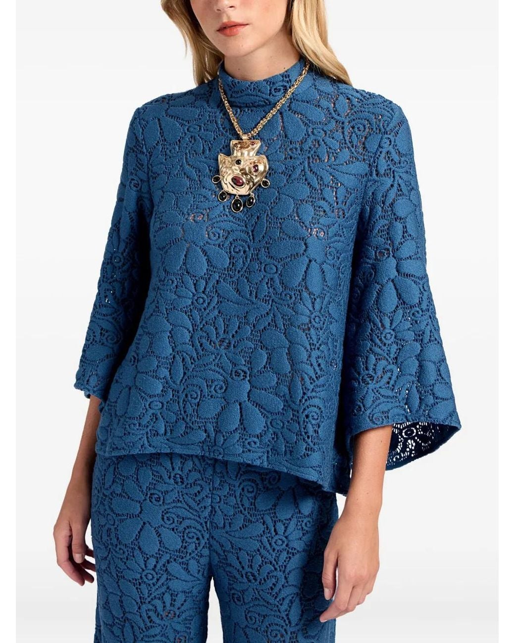 LaDoubleJ Blue Floral-Pattern Lace Blouse