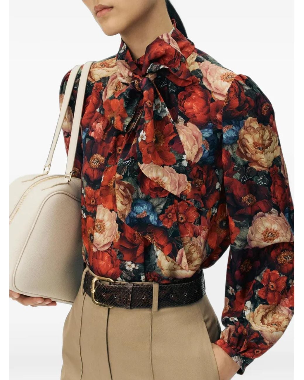 Adam Lippes Red Joan Floral-Print Silk Blouse