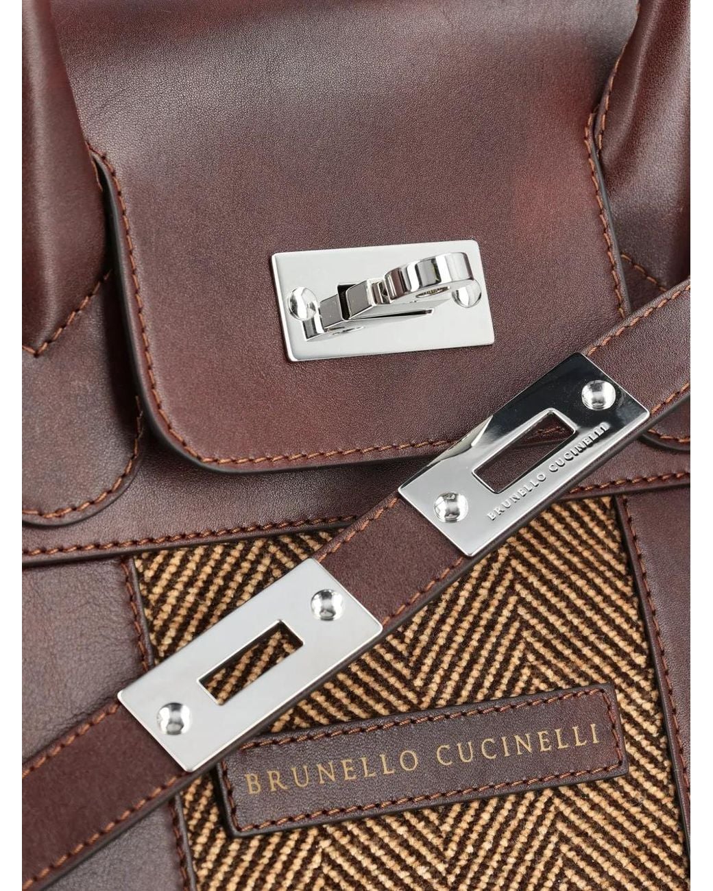 Brunello Cucinelli Brown Burnished Calfskin And Chevron-Effect Techno Fabric Country Bag for men