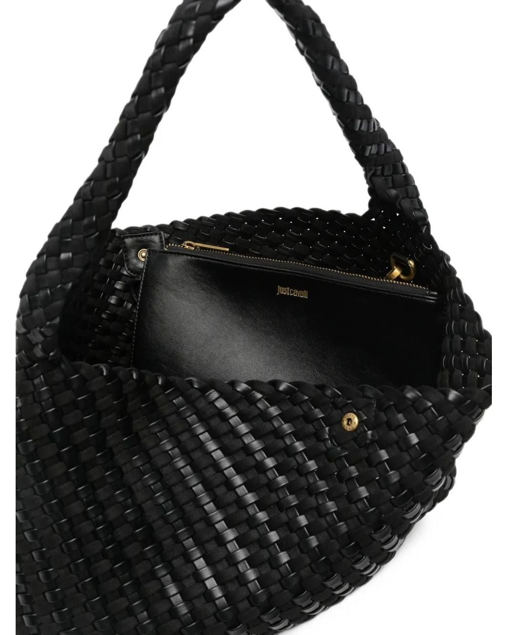 Just Cavalli Black Woven Logo-Charm Shoulder Bag